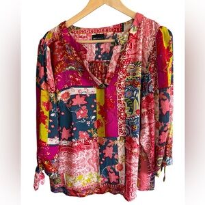 JNY Jones New York Women’s Paisley Patchwork Floral Boho Colorful Top Blouse, 1X